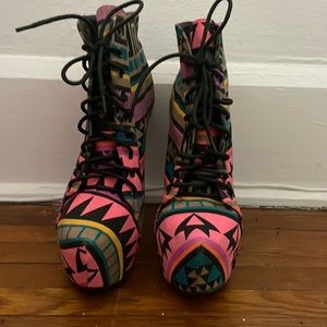 Multicolor, Aztec print high heel booties from Charlotte Russe. Size 10.